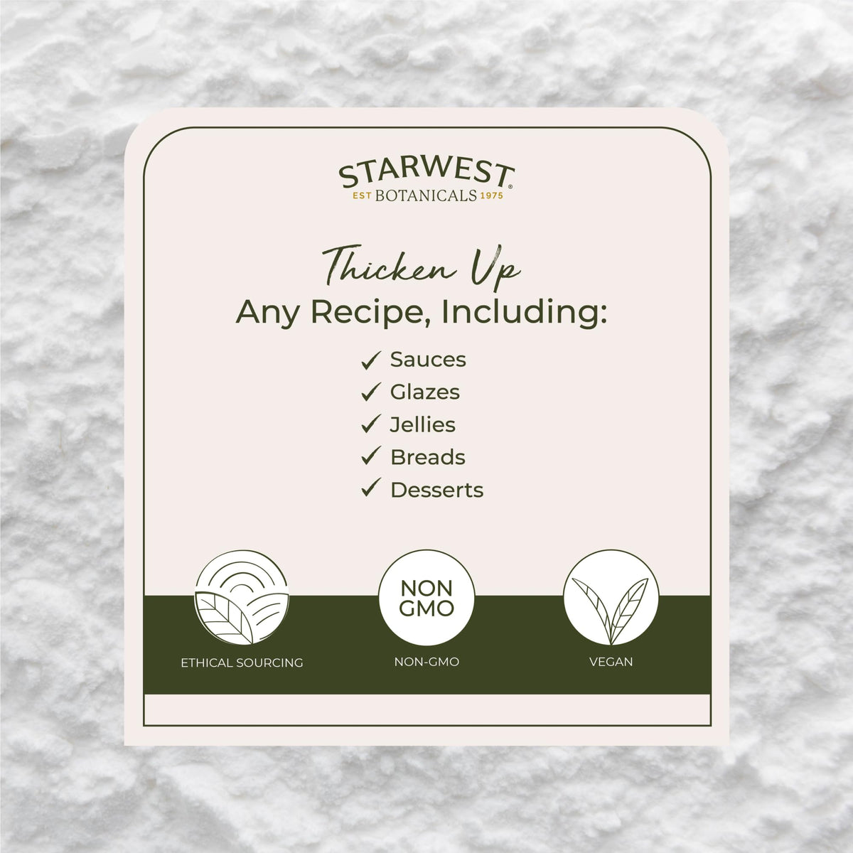 Starwest Botanicals arrowroot tapioca powder scoop demonstrates easy measuring for baking