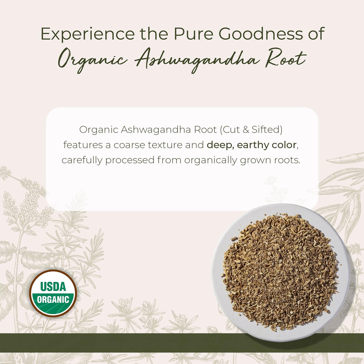 Starwest Botanicals ashwagandha root, cut and sifted, ideal for blends and smoothies.
