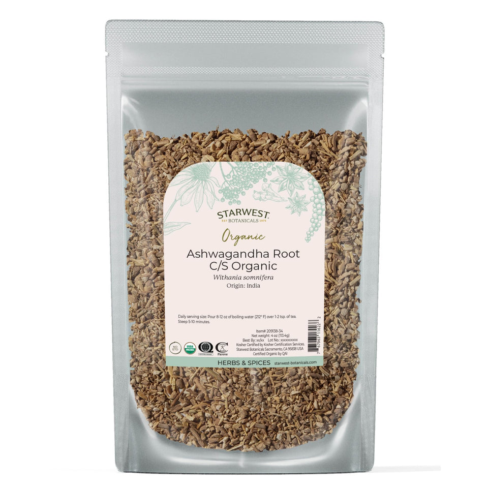 Starwest Botanicals ashwagandha root for tea, supports a soothing daily ritual.