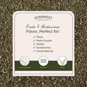 Starwest Botanicals basil leaves for pasta; bright flavor enhances dishes.
