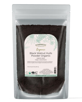 Starwest Botanicals Walnut Hull Powder in a bag with a fine grind for tea and baking.