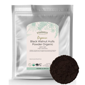 Starwest Botanicals black walnut hull powder packaging showing organic quality and kosher certification.