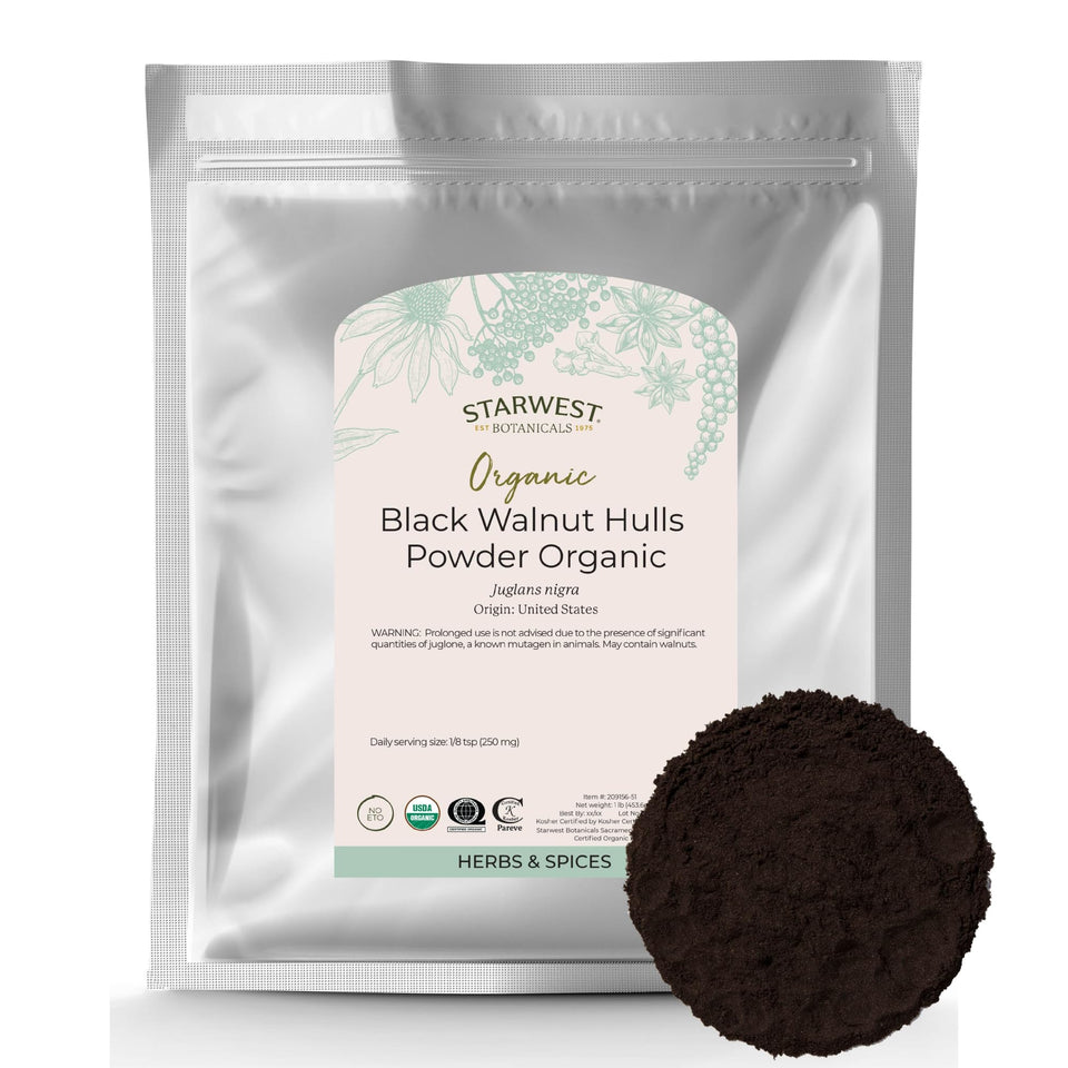Starwest Botanicals black walnut hull powder packaging showing organic quality and kosher certification.