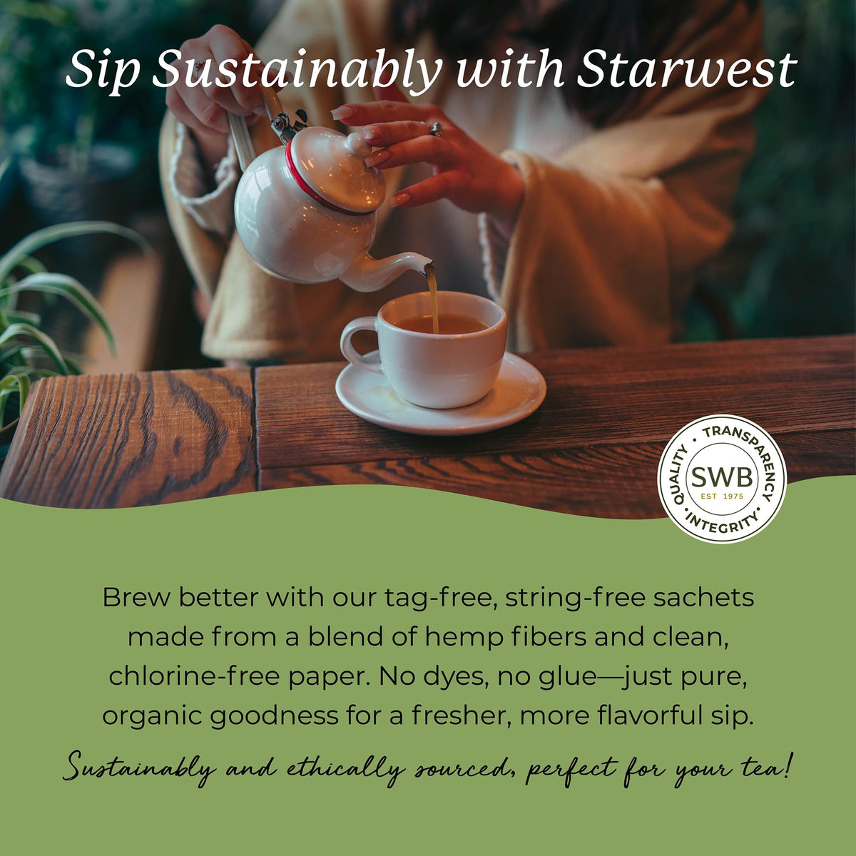 Starwest Botanicals decaf green tea brewing into a calming cup.