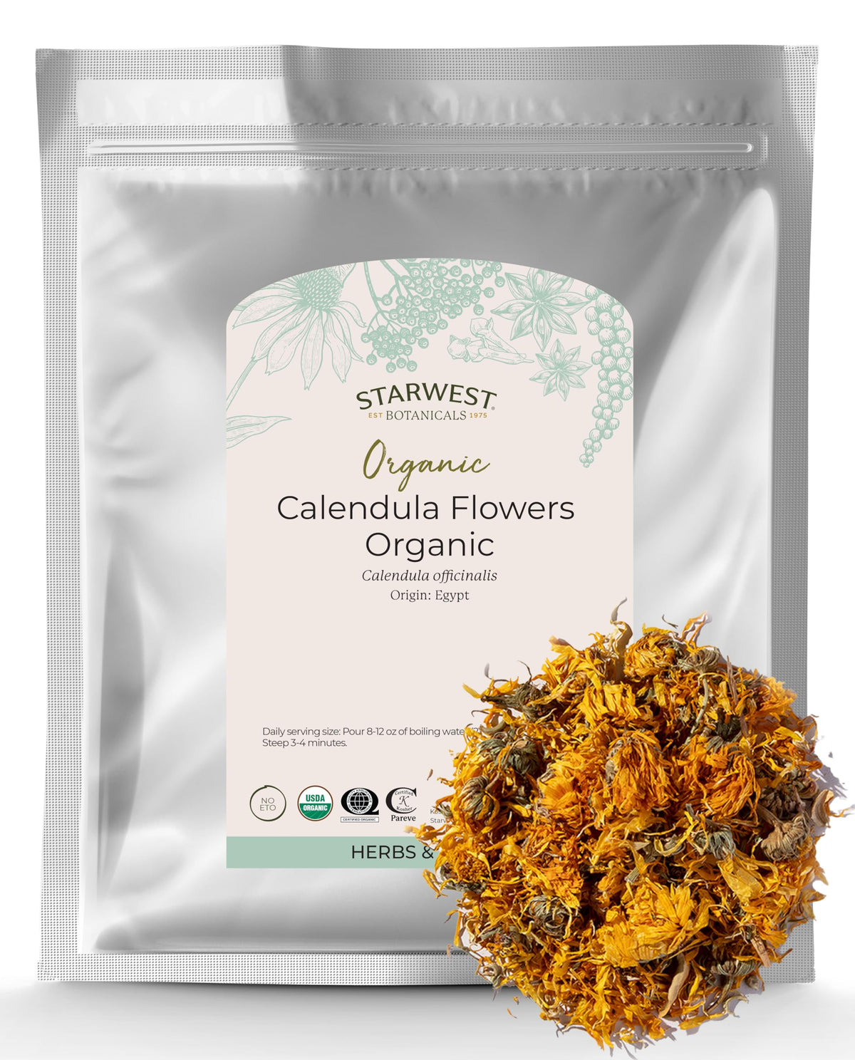 Starwest Botanicals calendula flowers bulk 1 lb for tea and cooking.