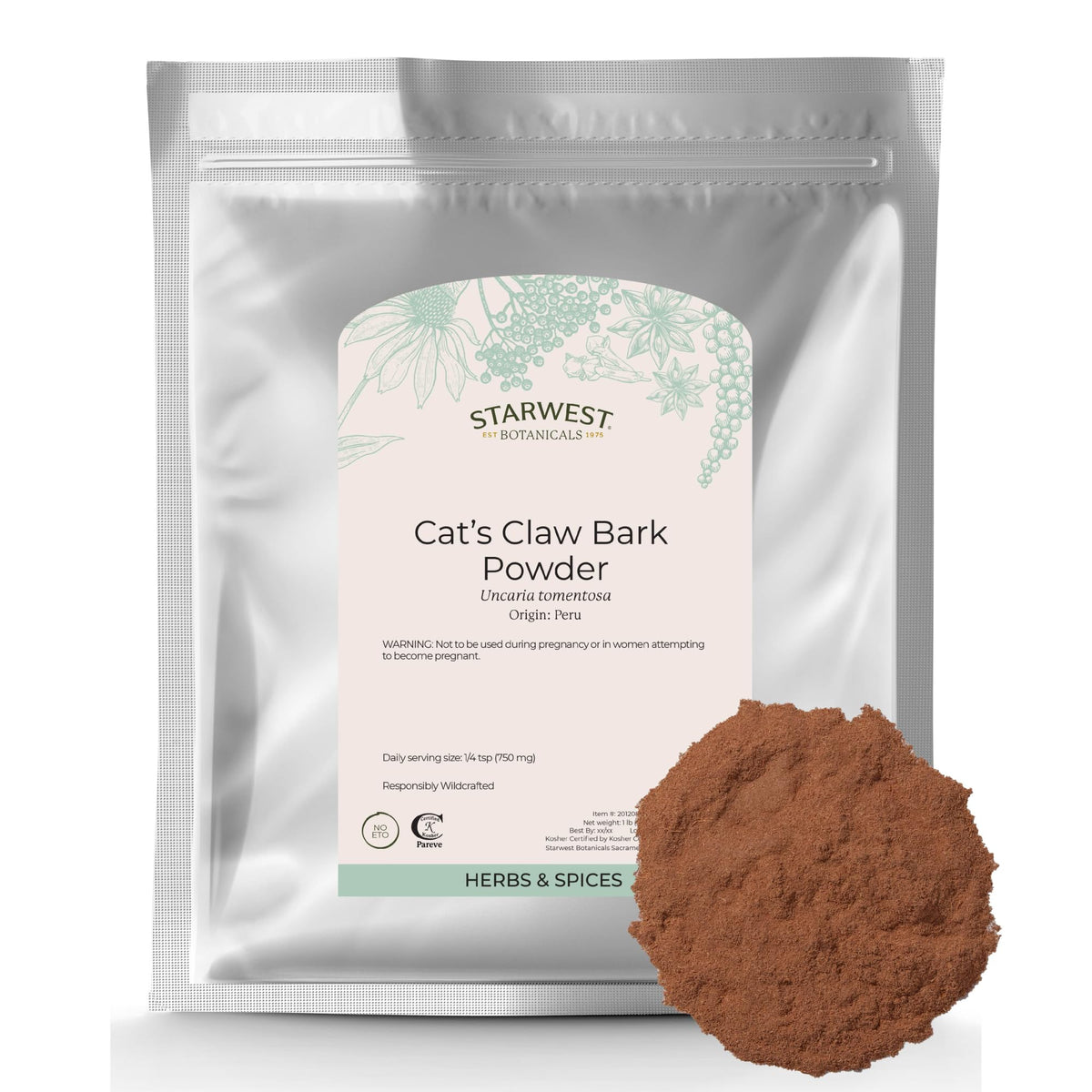 Starwest Botanicals Cat's Claw Bark Powder bag ready for tea, smoothies, or baking