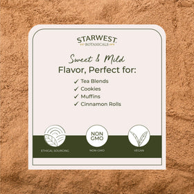 Starwest Botanicals Cinnamon powder in a tea cup suggesting a delicate aroma for warm beverages.