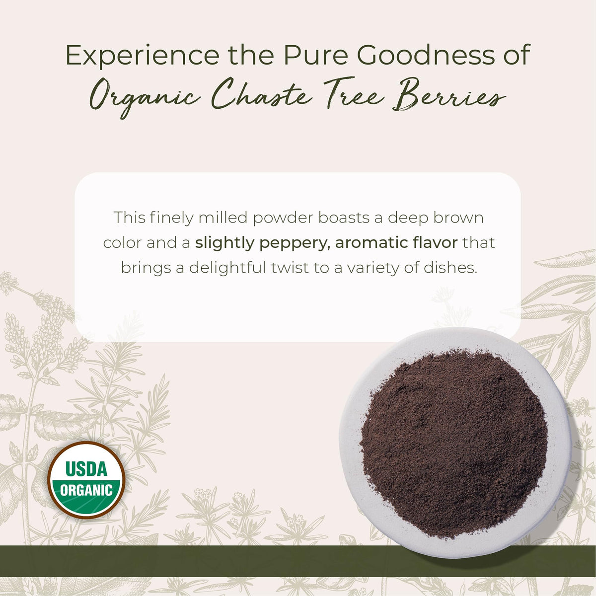 Starwest Botanicals chaste-tree-berries powder closeup, showing natural dried berries for blends