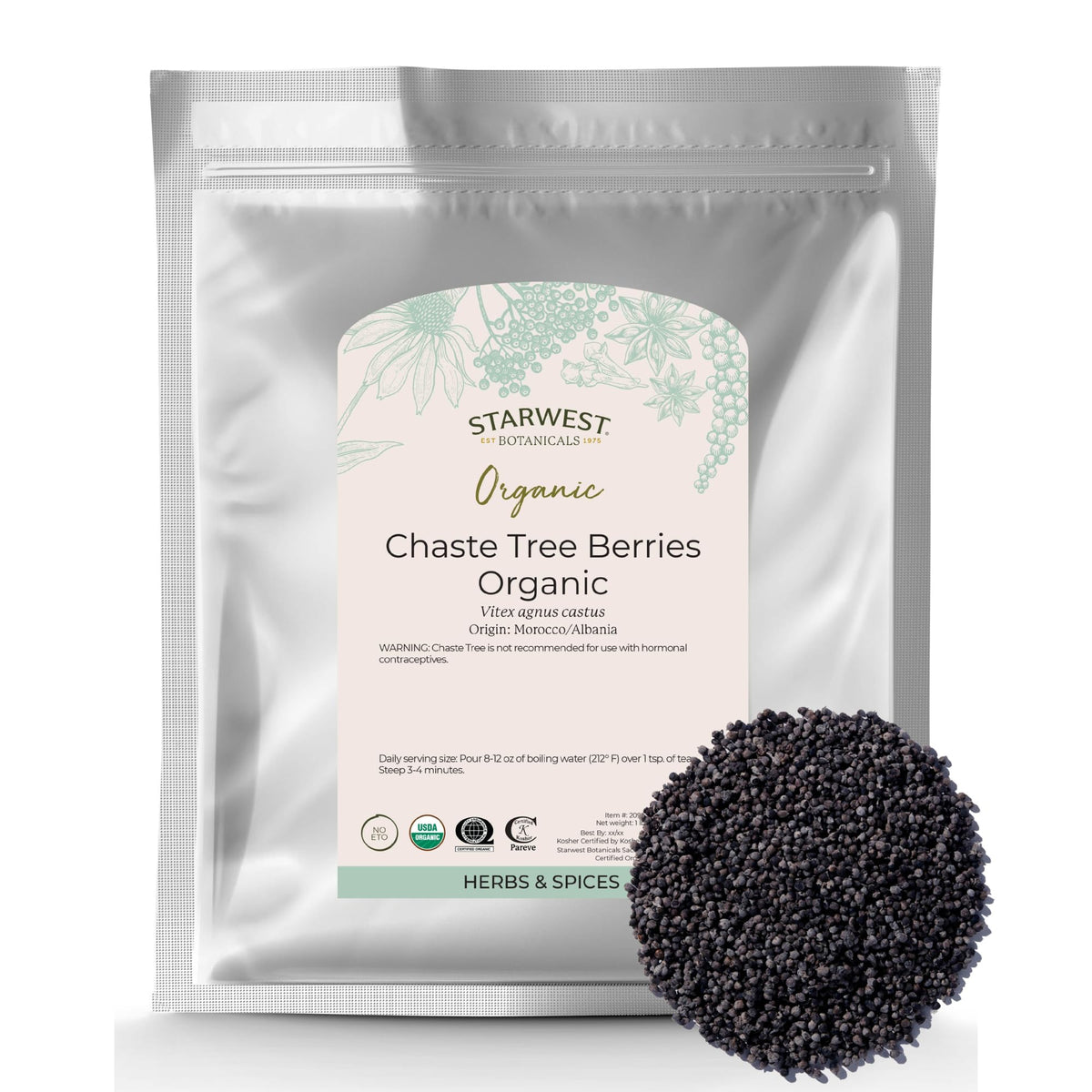 Starwest Botanicals chaste tree berries whole for herbal tea and culinary infusions