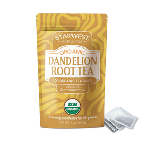 Starwest Botanicals Dandelion Root Tea bags in a mug, caffeine-free comfort.