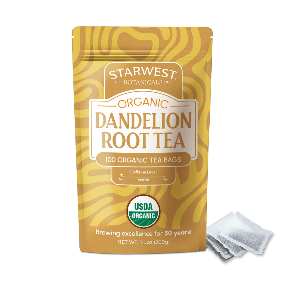 Starwest Botanicals Dandelion Root Tea bags in a mug, caffeine-free comfort.