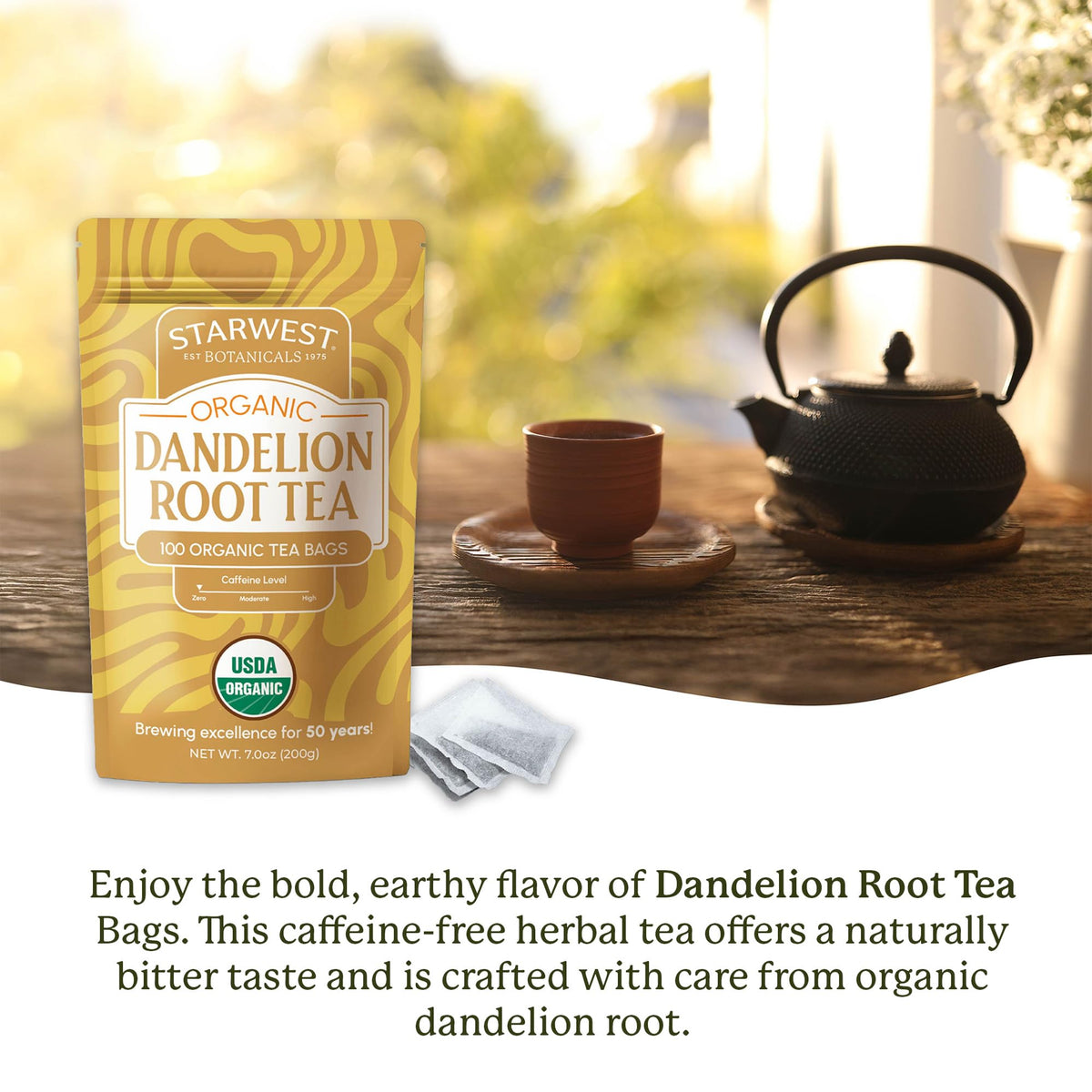 Starwest Botanicals dandelion root tea in a cup, warm earthy aroma.