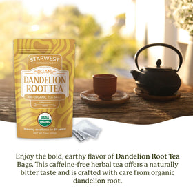 Starwest Botanicals dandelion root tea in a cup, warm earthy aroma.
