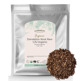 Starwest Botanicals dandelion root tea loose tea pile, ideal for a soothing daily ritual.