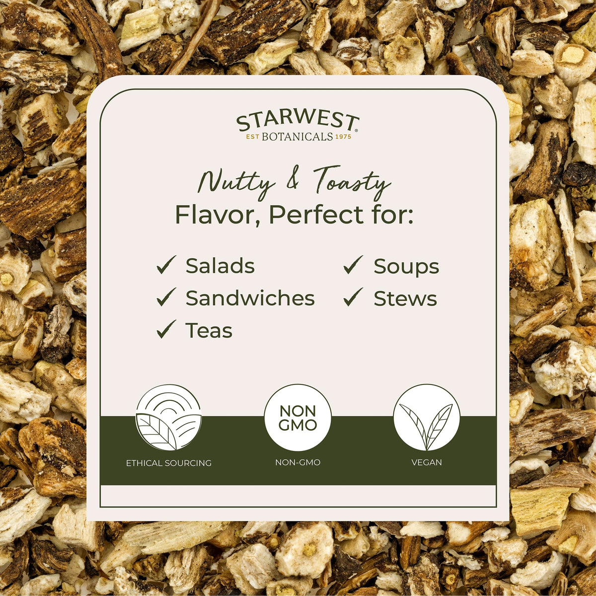 Starwest Botanicals dandelion root tea loose tea, infuser-ready, great for a rich, steady steep.