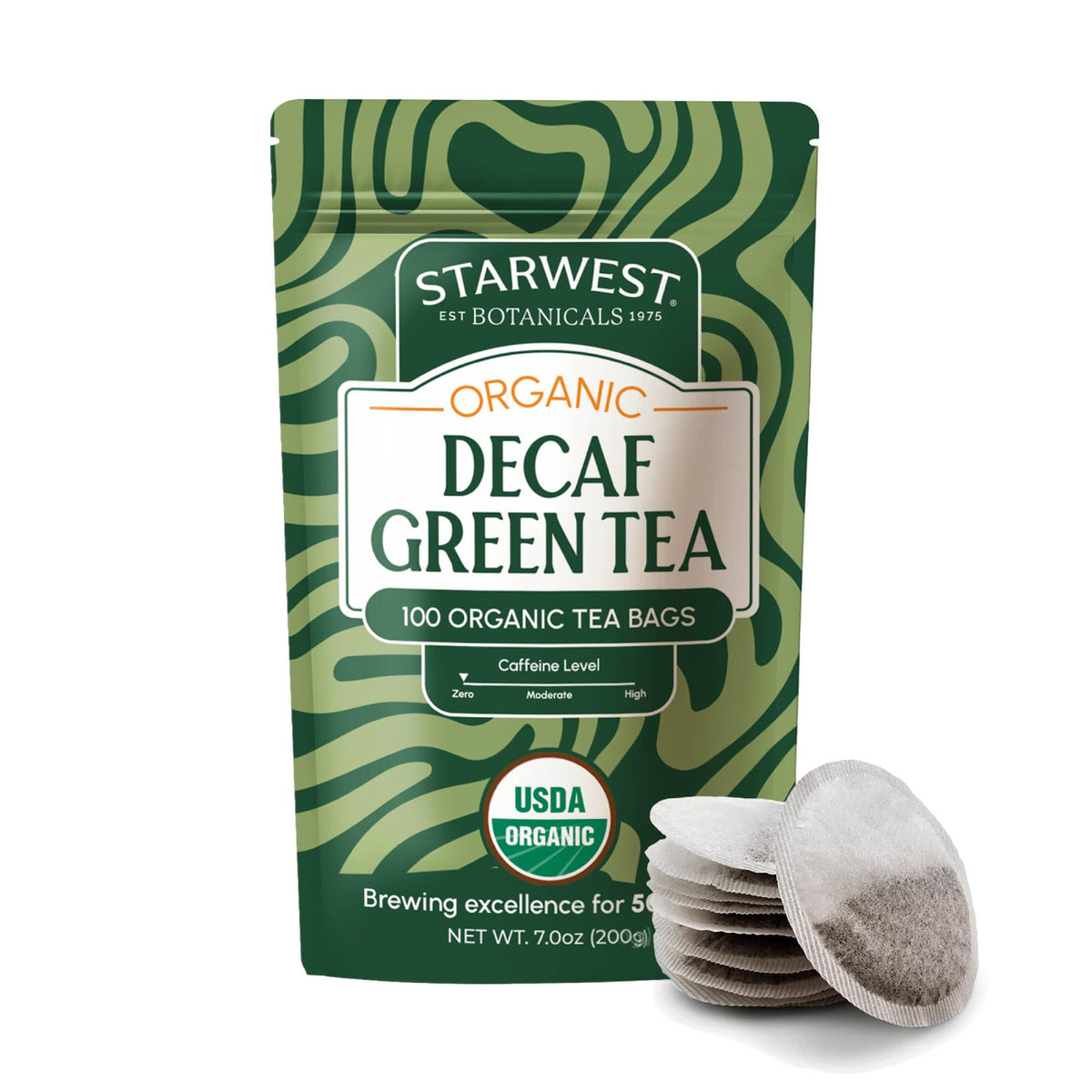Starwest Botanicals Organic Decaf Green Tea bags bulk pack for caffeine-free mornings.