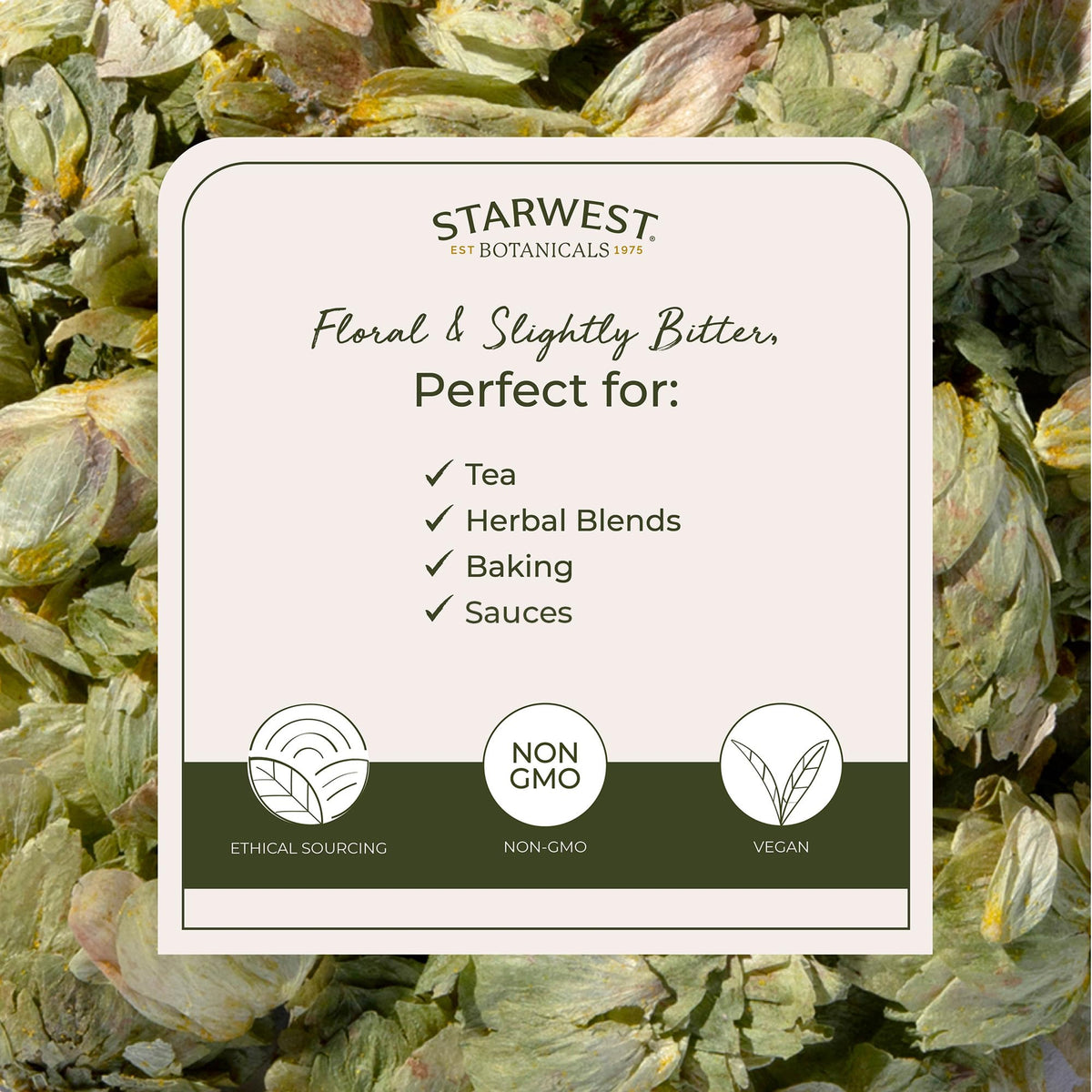 Starwest Botanicals dried hops flowers steeping in hot water for tea