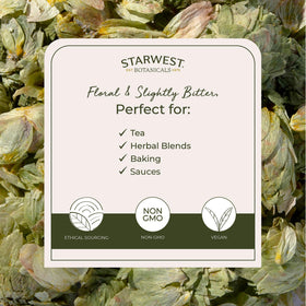 Starwest Botanicals dried hops flowers steeping in hot water for tea