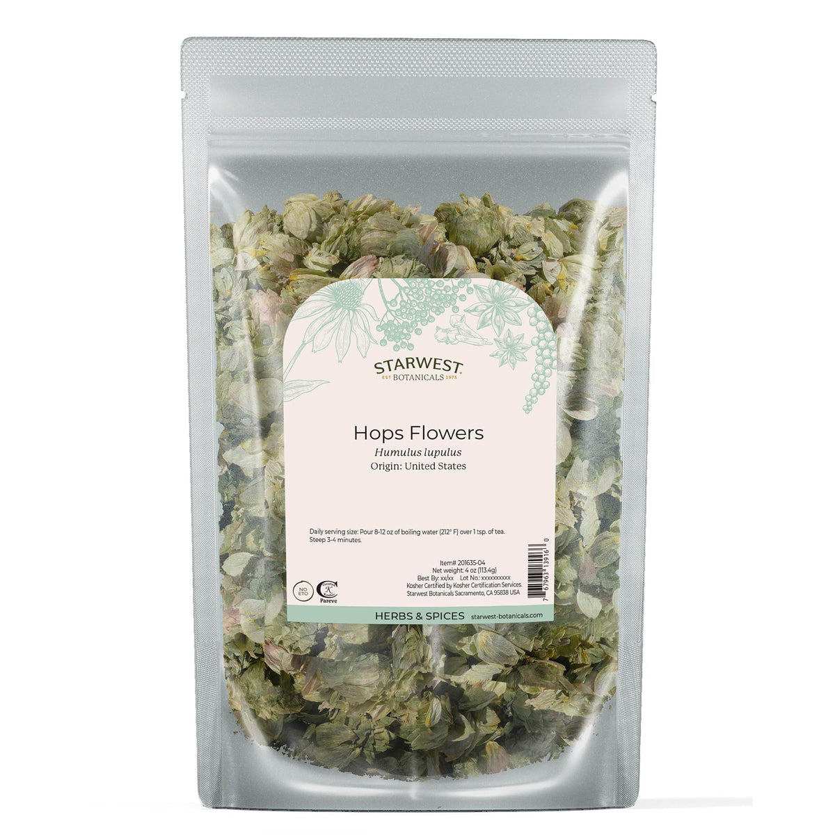 Starwest Botanicals dried hops flowers whole package front for fragrant infusion