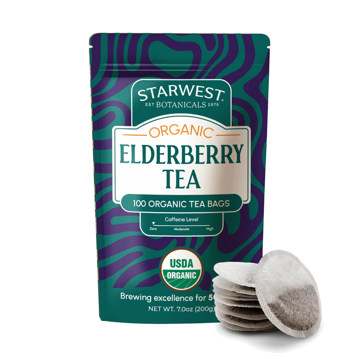 Starwest Botanicals Elderberry Tea bags showing convenient caffeine-free herbal blend