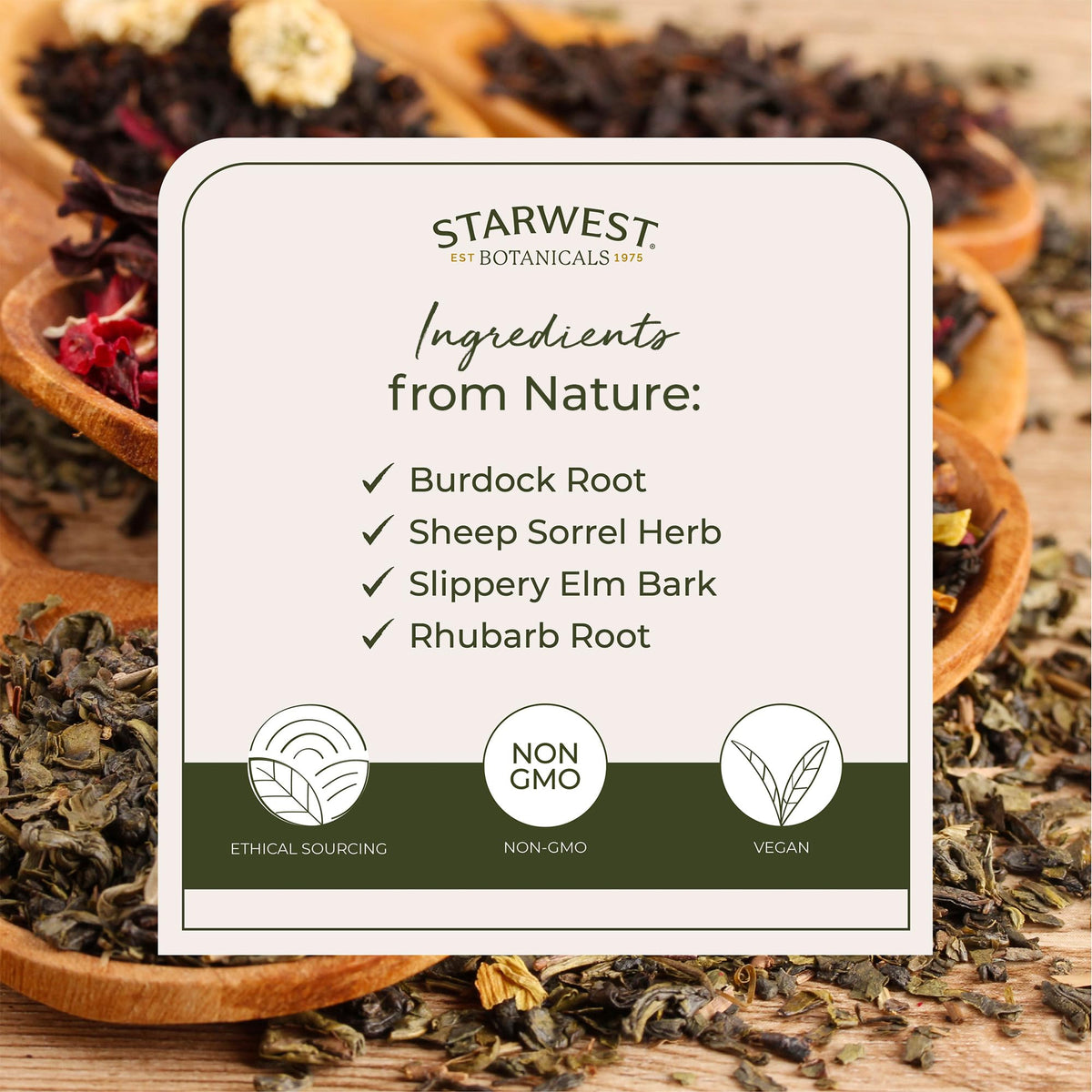 Starwest Botanicals Essiac Tea Organic sheep sorrel, bright herbal notes with balanced finish