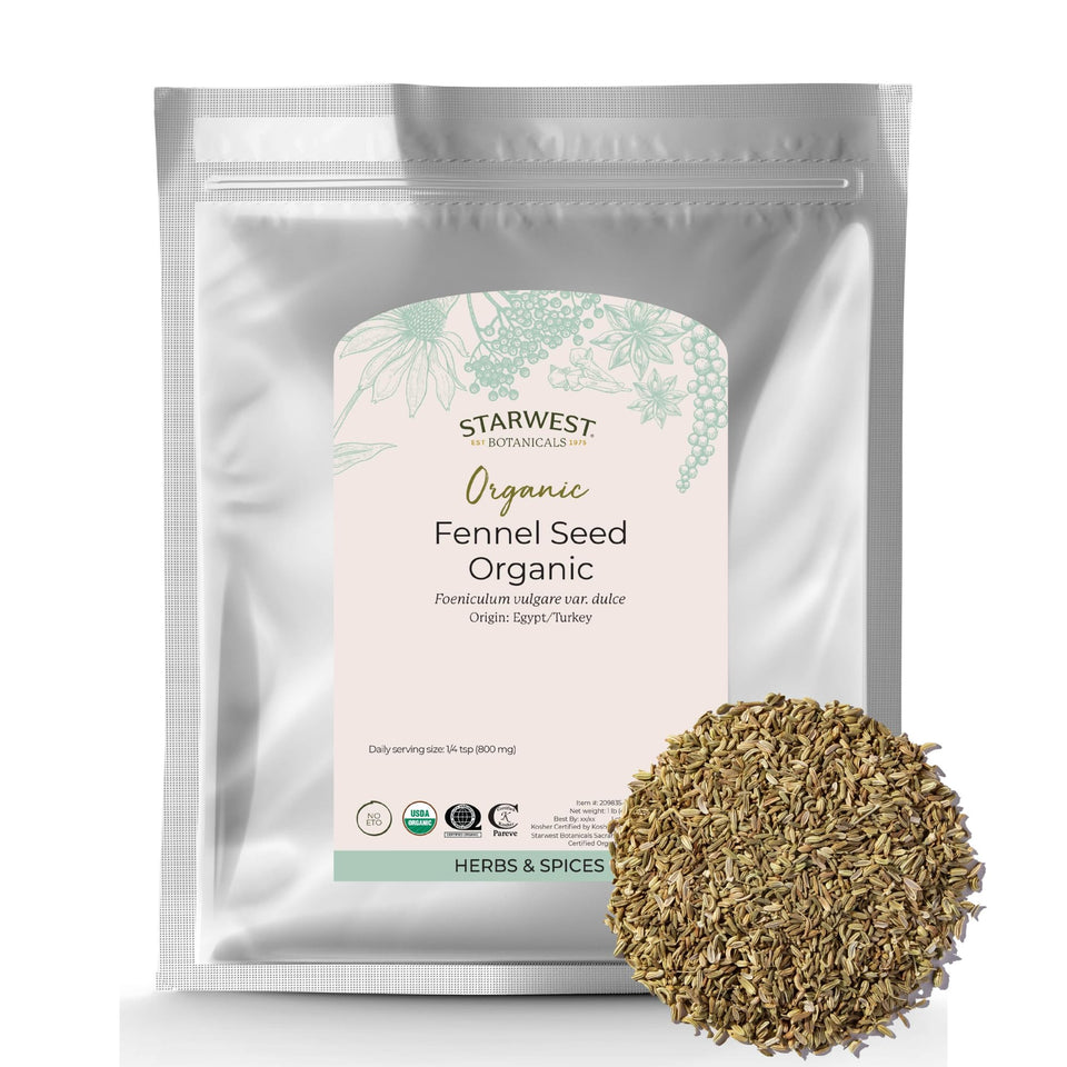 Starwest Botanicals fennel seed, dried bulk, ideal for seasoning and baking.