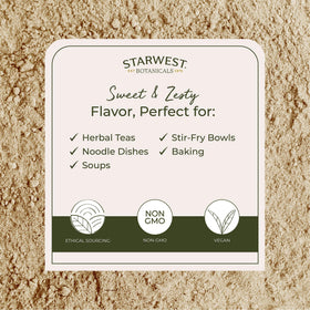 Starwest Botanicals ginger powder enhances tea with warm aroma and soothing flavor.