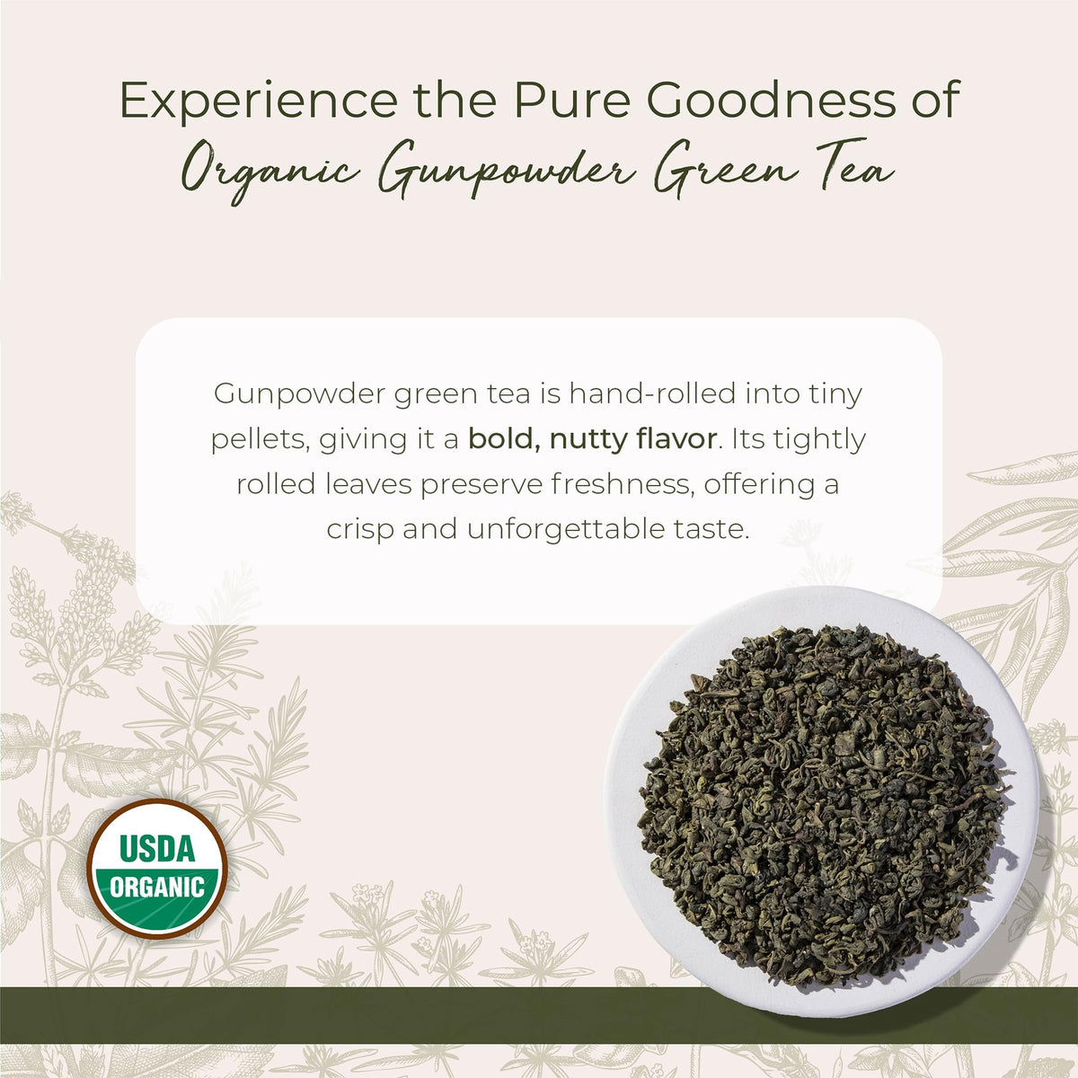 Starwest Botanicals Gunpowder Green Tea leaves rolled into tiny balls