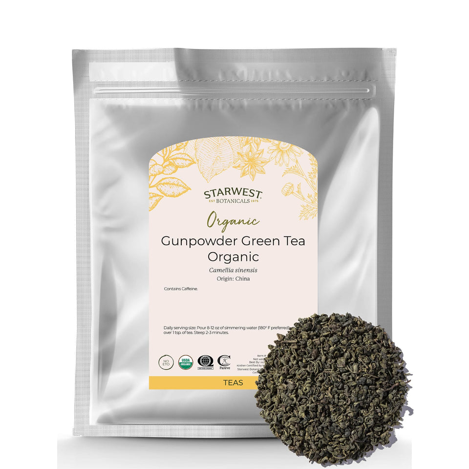 Starwest Botanicals Gunpowder Green Tea loose leaf ready for brewing with fresh aroma