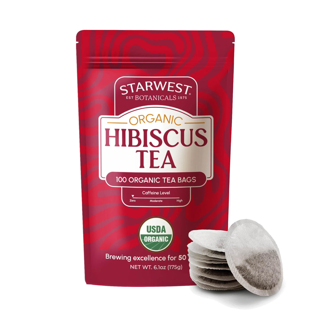 Starwest Botanicals hibiscus tea bags offer a refreshing caffeine-free infusion for hot or iced tea
