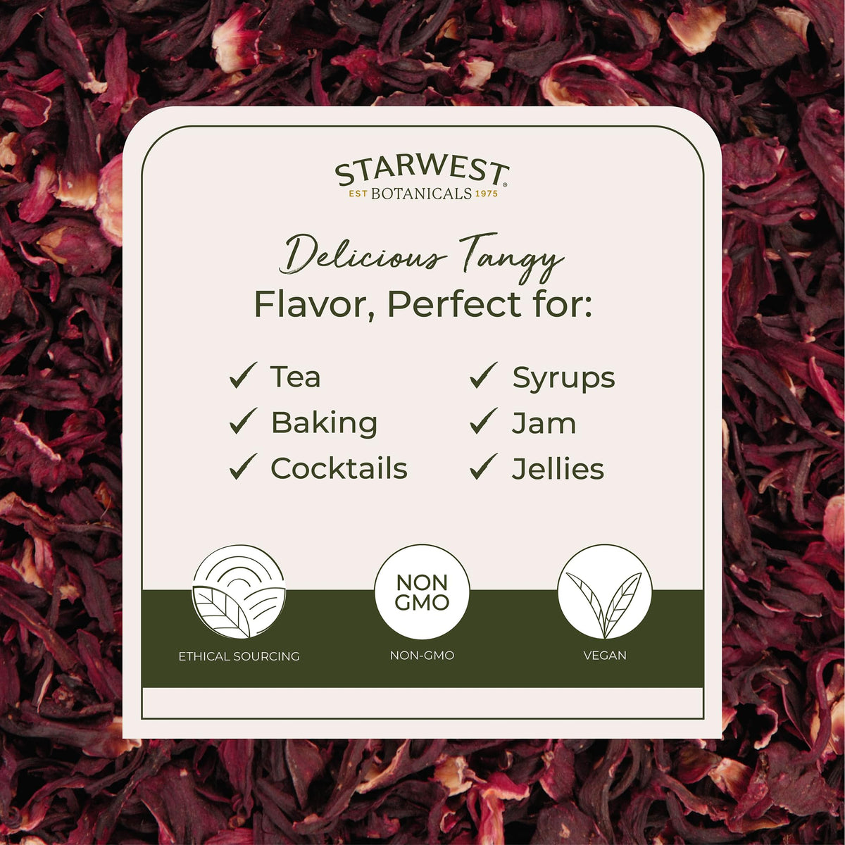 Hibiscus tea in a cup showing tart, cranberry-like flavor by Starwest Botanicals.