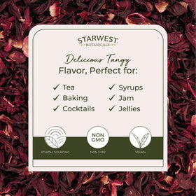 Hibiscus tea in a cup showing tart, cranberry-like flavor by Starwest Botanicals.