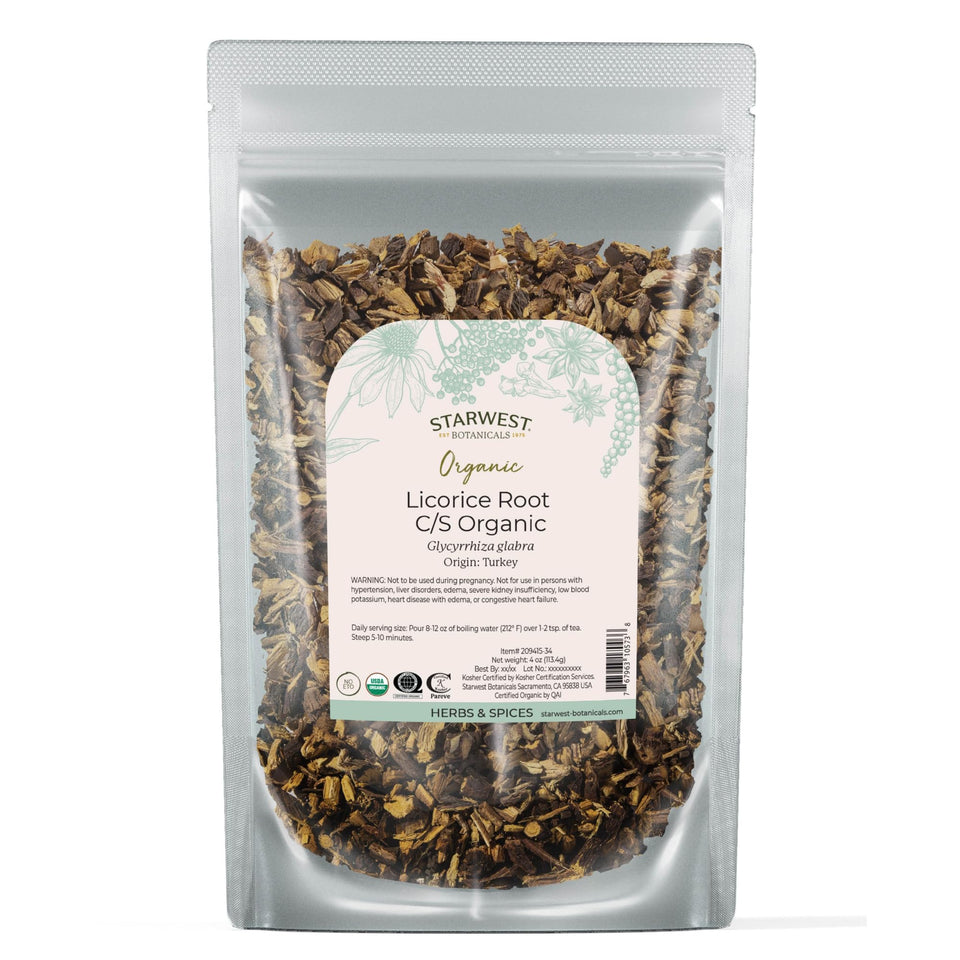 Starwest Botanicals licorice root bag for flavorful herbal tea blends.