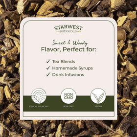 Starwest Botanicals licorice-root tea-blend, adds sweet, woody notes to blends.
