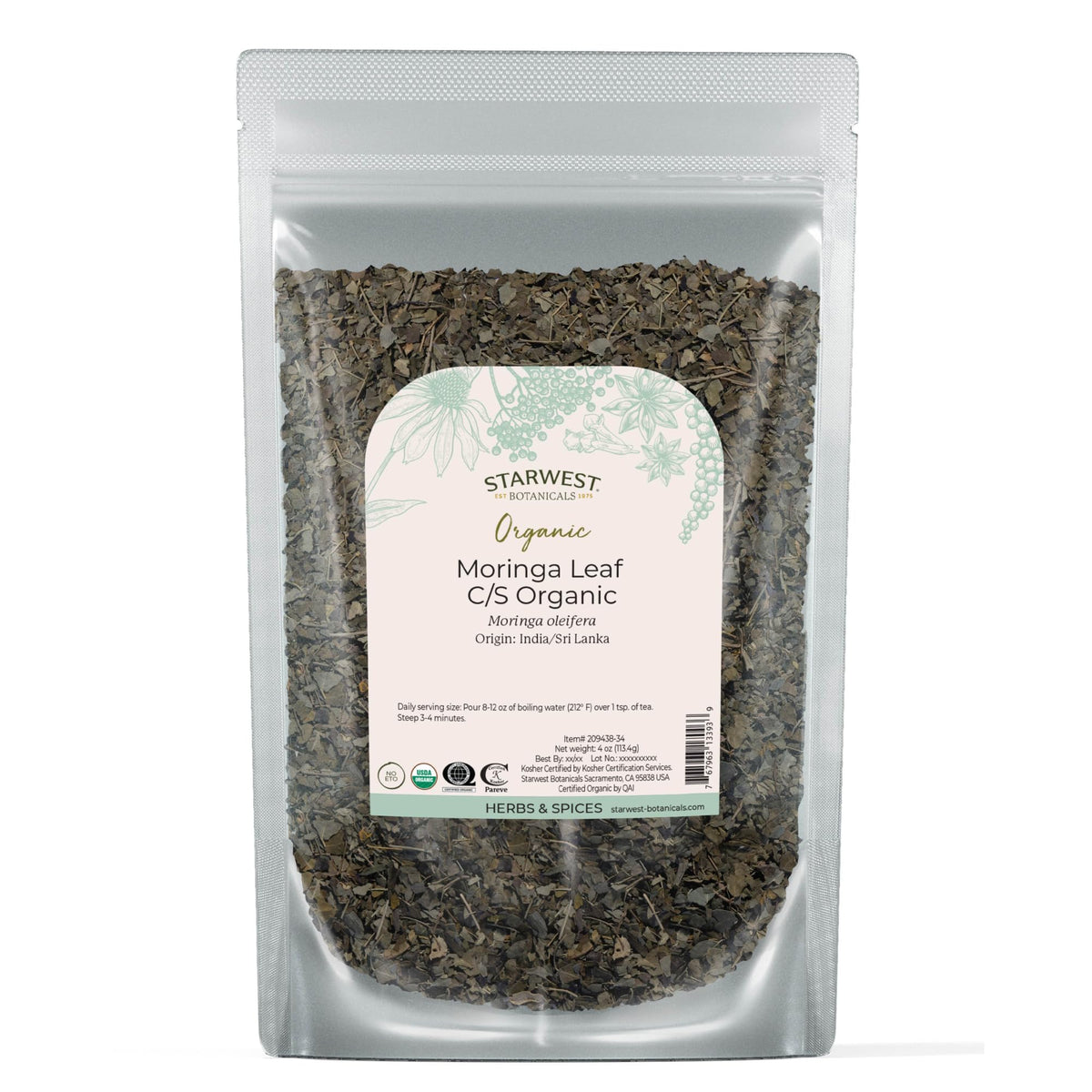 Starwest Botanicals Moringa leaf, dried form for energizing drinks and smoothies.