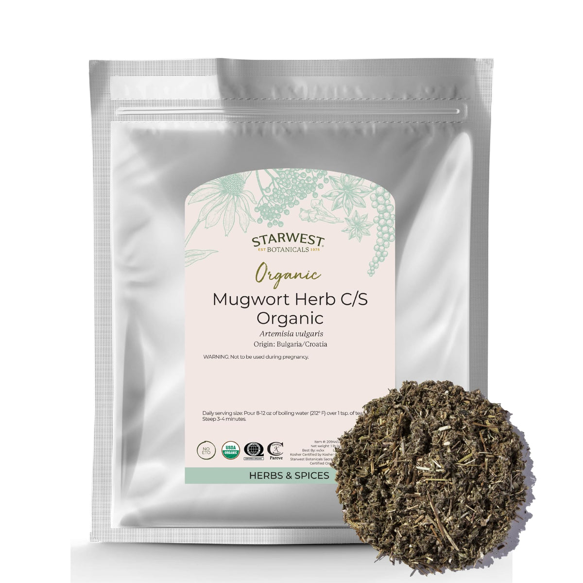 Starwest Botanicals mugwort dried leaves for aromatic tea and cooking.