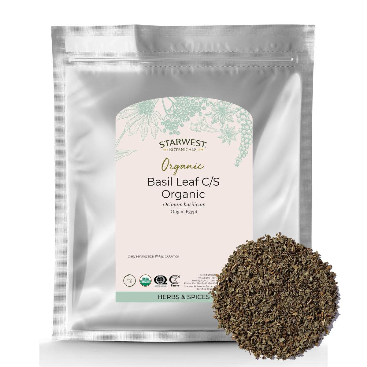 Starwest Botanicals organic basil leaves bag; fresh aroma for everyday cooking.