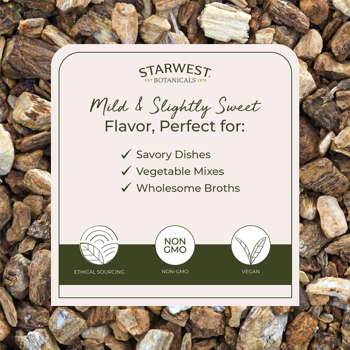 Starwest Botanicals Organic Burdock Root C/S 1 lb label highlights certified organic quality