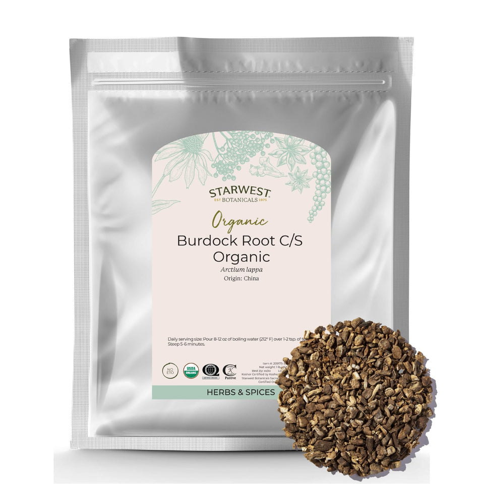 Starwest Botanicals Organic Burdock Root C/S 1 lb packaging, premium quality for infusions and culinary use