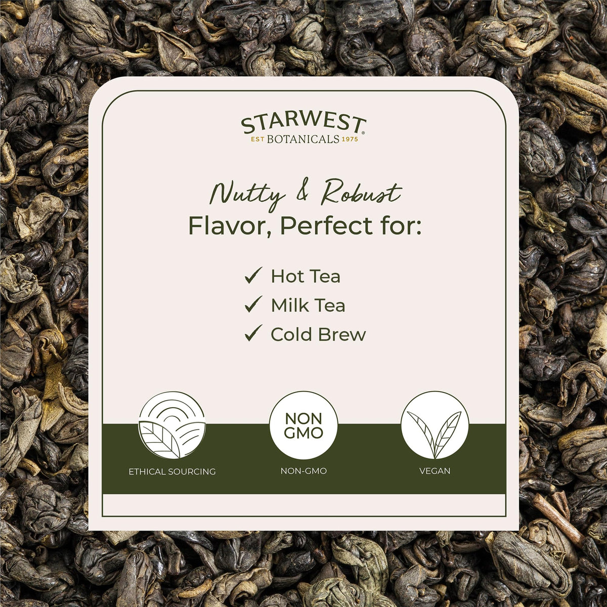 Starwest Botanicals Organic Gunpowder Green Tea packaging showing organic and kosher certification