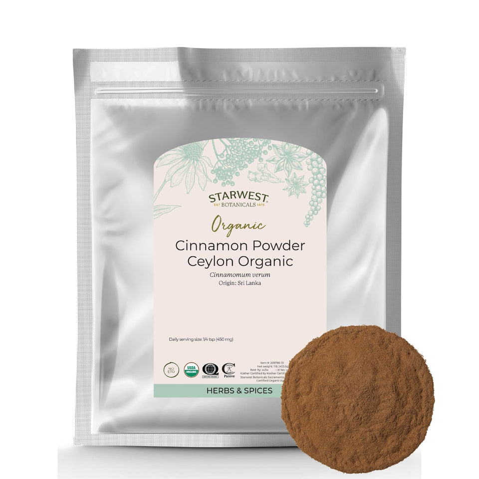 Starwest Botanicals Organic Ceylon Cinnamon Powder in a 1 lb bag for baking and tea.