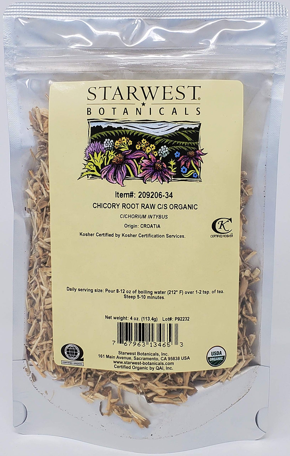 Starwest Botanicals chicory root, raw cut and sifted, ready for brewing and herbal blends.