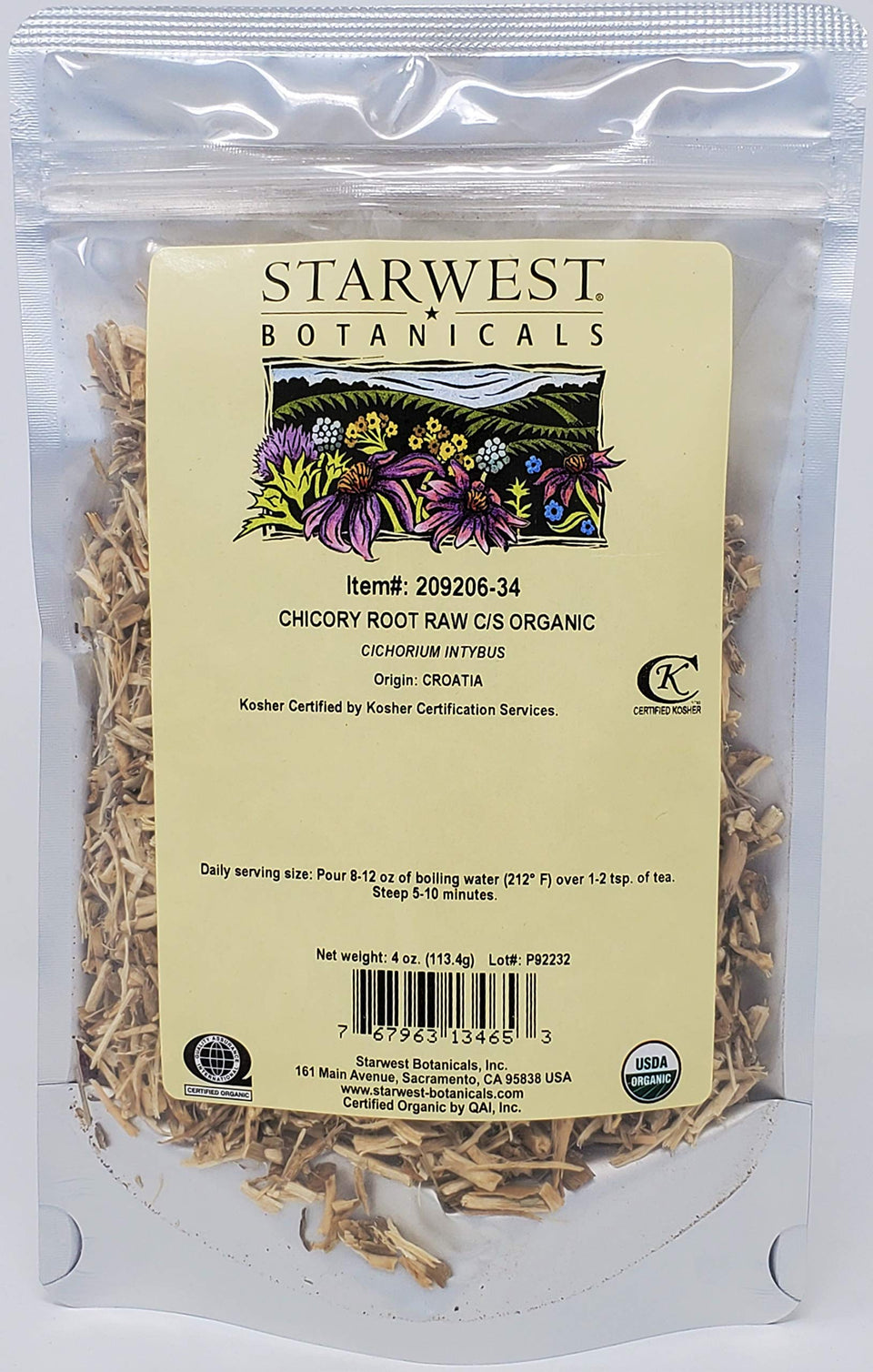 Starwest Botanicals chicory root, raw cut and sifted, ready for brewing and herbal blends.