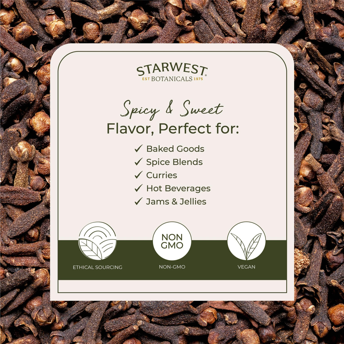 Starwest Botanicals Organic Cloves Whole aroma-closeup—warm, woodsy notes ideal for baking
