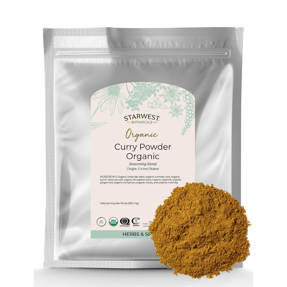 Starwest Botanicals Organic Curry Powder with Salt bulk 1 lb bag front view enhances weeknight cooking with flavor