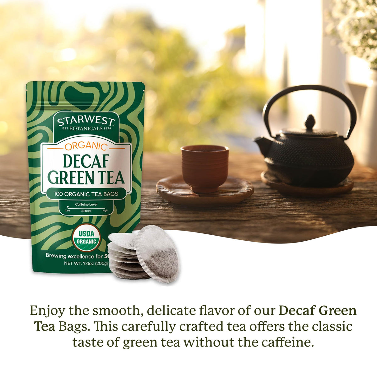Starwest Botanicals Organic Decaf Green Tea leaves ready for a soothing infusion.