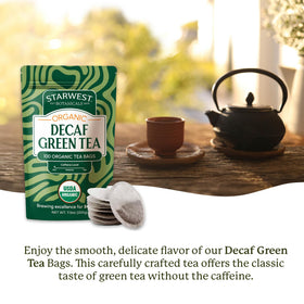 Starwest Botanicals Organic Decaf Green Tea leaves ready for a soothing infusion.