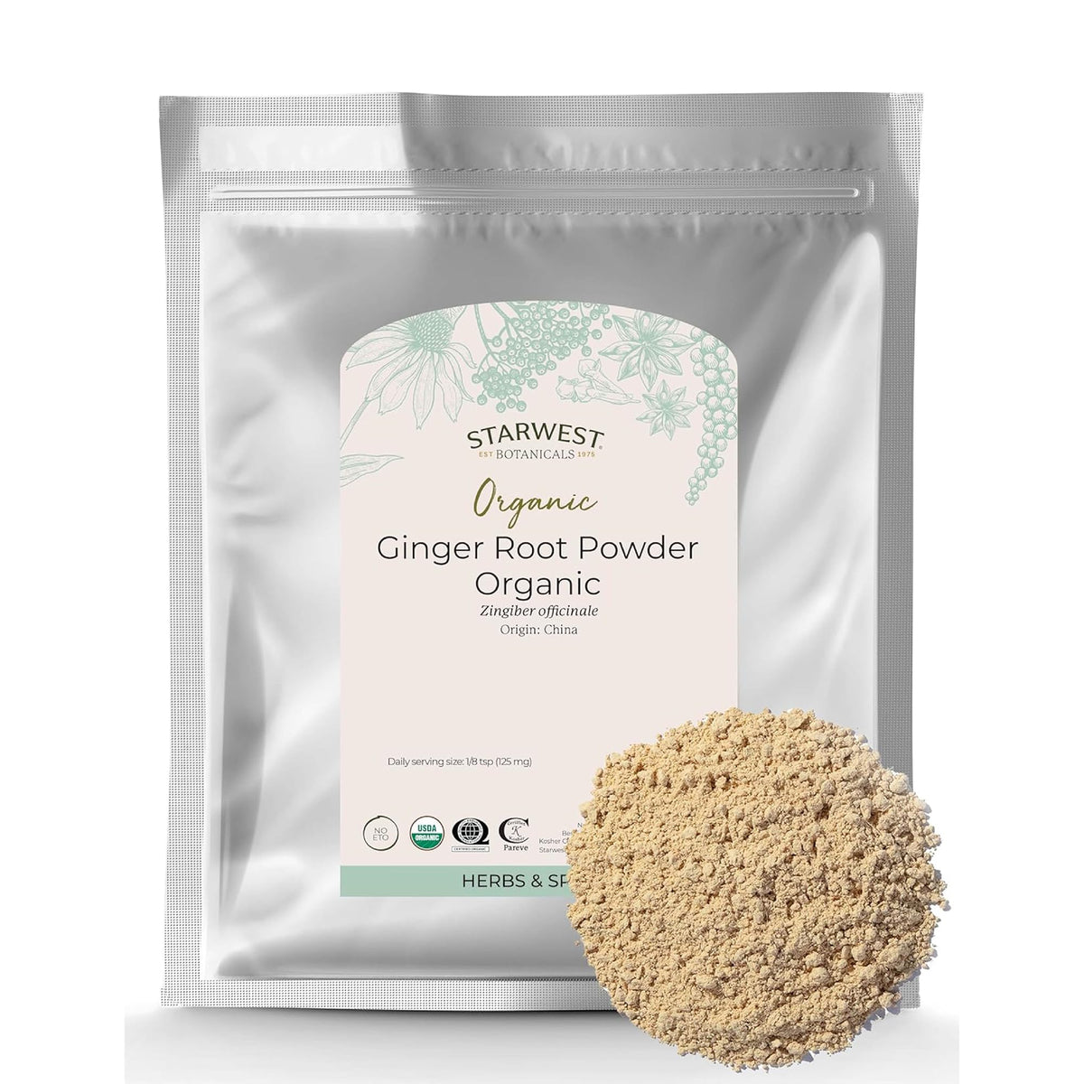 Starwest Botanicals Organic Ginger Root Powder in a bag adds fresh flavor to tea and cooking.