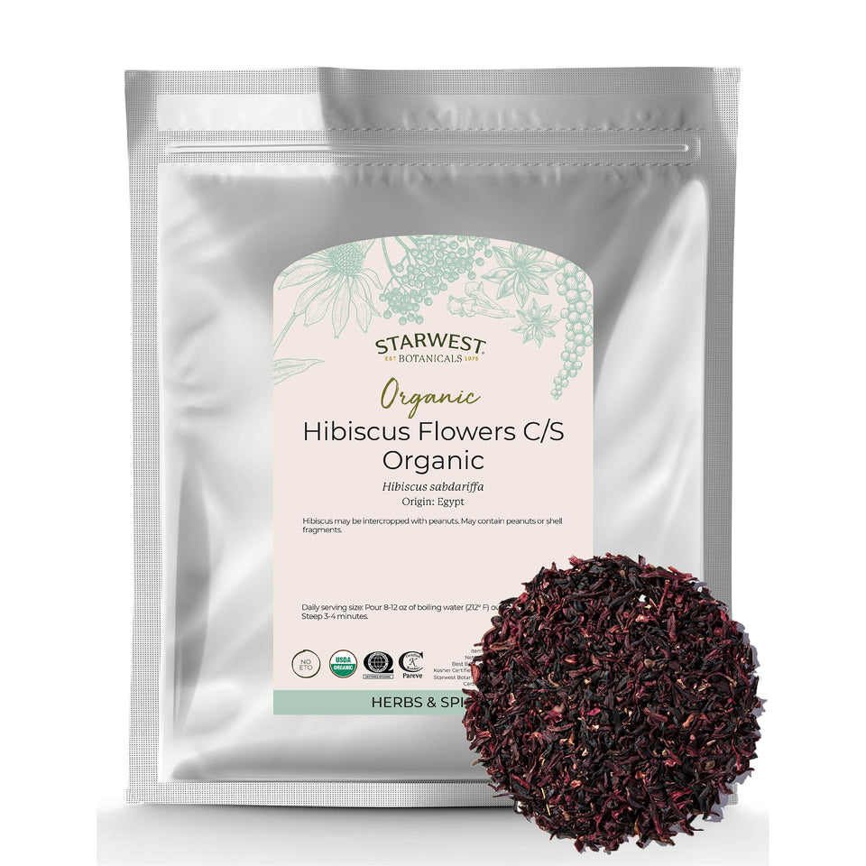 Starwest Botanicals organic hibiscus flowers in a bag for flavorful herbal tea.