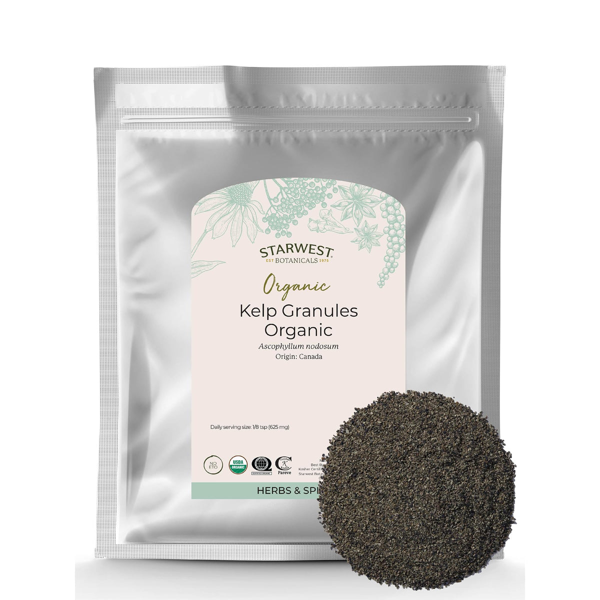 Starwest Botanicals Organic Kelp Granules bag front for savory cooking